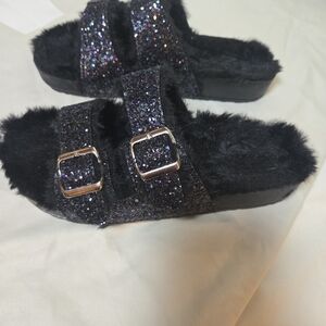 Sparkly Black Women's Fuzzy Slide Sandals